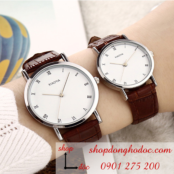 Đồng hồ cặp đôi dây da Xiaoya sang trọng dây nâu mặt trắng ĐHĐ01