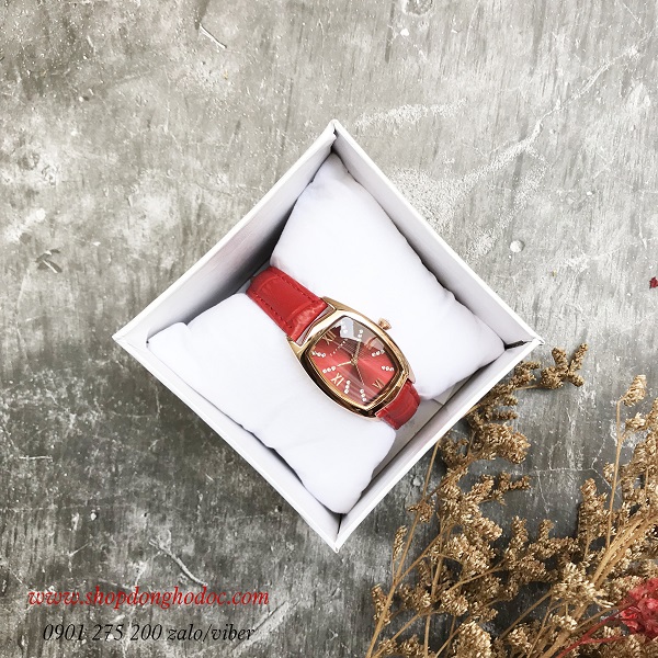 Đồng hồ nữ dây da đỏ mặt chữ nhật oval đỏ quyến rũ Fernweh ĐHĐ18403
