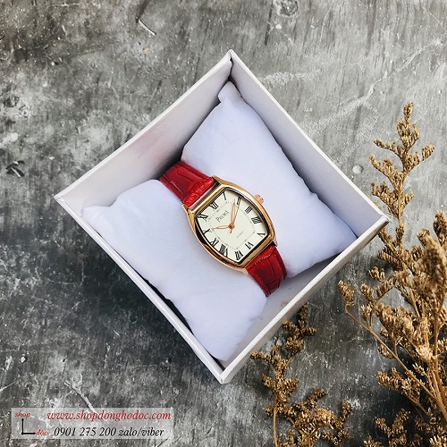 Đồng hồ nữ dây da đỏ mặt chữ nhật oval trắng thời trang Prema ĐHĐ1602