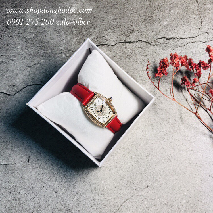 Đồng hồ nữ dây da đỏ mặt chữ nhật oval trắng đính đá viền vàng sang chảnh Guou ĐHĐ12907