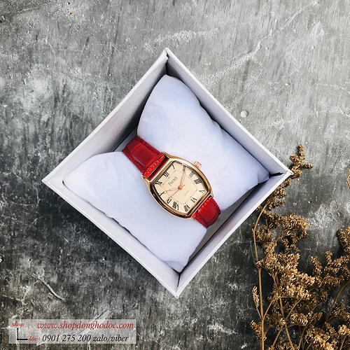 Đồng hồ nữ dây da đỏ mặt chữ nhật oval vàng sang chảnh Prema ĐHĐ1604