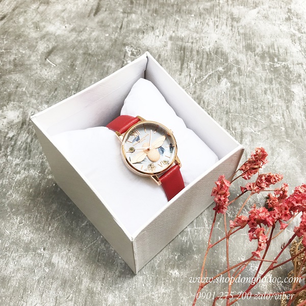 Đồng hồ nữ dây da đỏ mặt tròn hình con ong 3D độc lạ Mobangtou ĐHĐ18705
