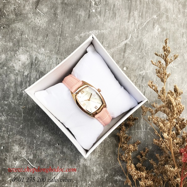 Đồng hồ nữ dây da hồng mặt chữ nhật oval bạc nhẹ nhàng Fernweh ĐHĐ18406