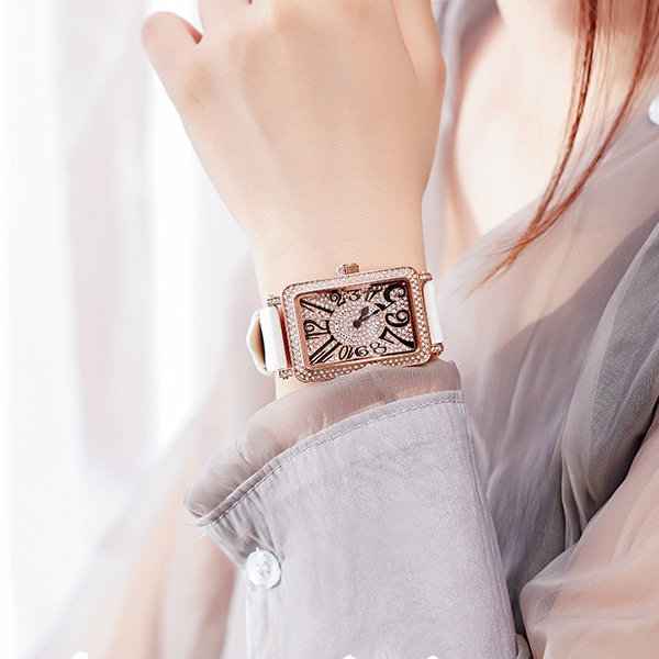Đồng hồ nữ dây da mặt chữ nhật đính đá trắng tinh tế Guou ĐHĐ8501