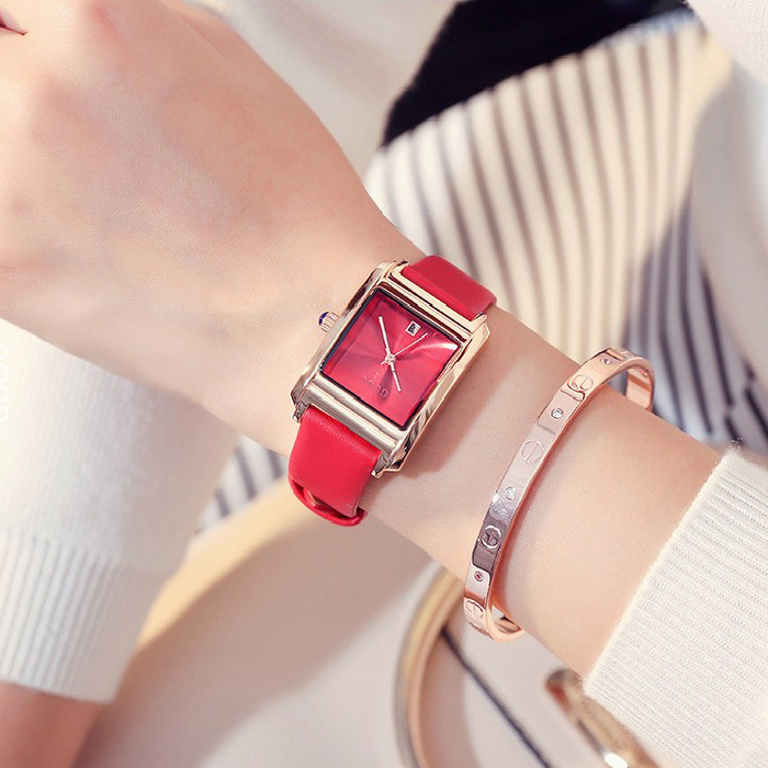 Đồng hồ nữ dây da mặt chữ nhật màu đỏ quyến rũ ĐHĐ4404