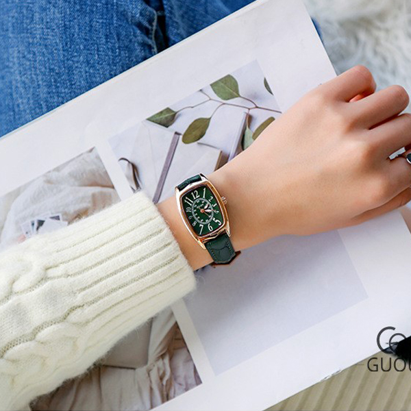 Đồng hồ nữ dây da mặt chữ nhật oval xanh lục sành điệu Guou ĐHĐ22304