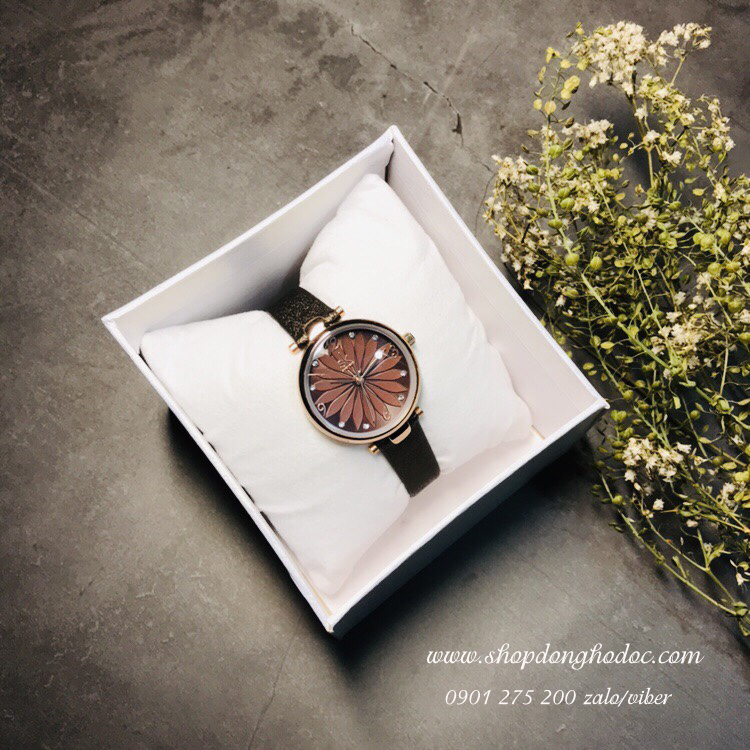 Đồng hồ nữ dây da mặt tròn hoa nâu thời trang Shengke SK ĐHĐ11801