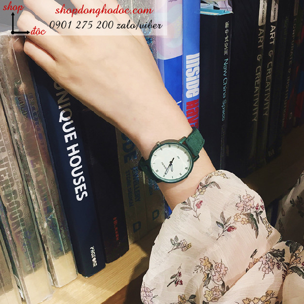 Đồng hồ nữ dây da mặt tròn cá tính màu xanh rêu Doukou ĐHĐ3502 