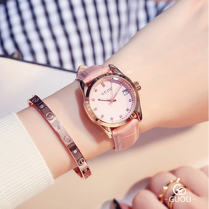 Đồng hồ nữ dây da mặt tròn cao cấp màu hồng nhẹ nhàng Guou ĐHĐ4501