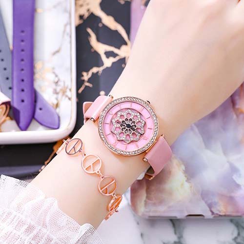 Đồng hồ nữ dây da mặt tròn hoa xoay 360 độ hồng pastel Guou ĐHĐ27101