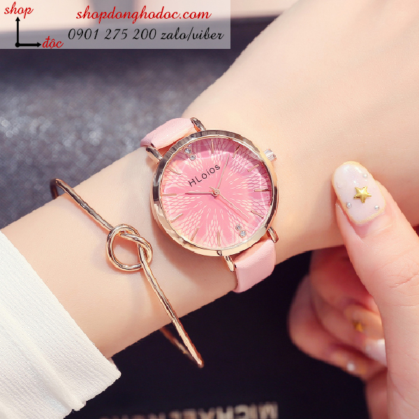 Đồng hồ nữ dây da mặt tròn màu hồng sành điệu
