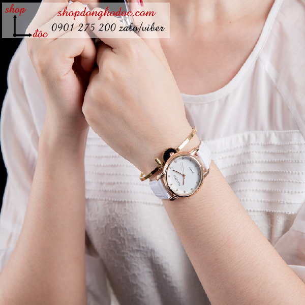 Đồng hồ nữ dây da mặt tròn màu trắng hiện đại ĐHĐ3103