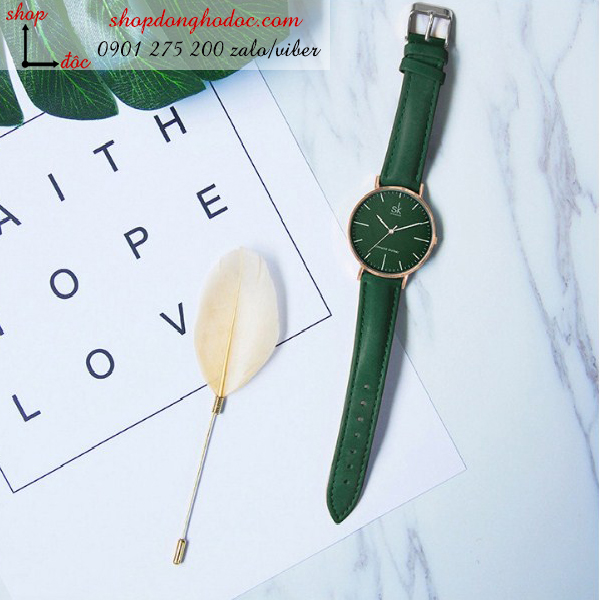Đồng hồ nữ dây da mặt tròn size to màu xanh lục cao cấp sành điệu SK ĐHĐ4004