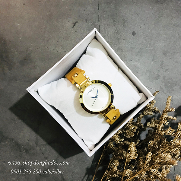Đồng hồ nữ dây da mặt tròn phong cách vintage vàng thời trang Rebirth ĐHĐ21801
