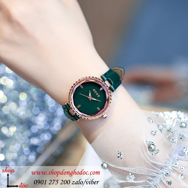 Đồng hồ nữ dây da mặt tròn xanh lục sành điệu Guou ĐHĐ7902