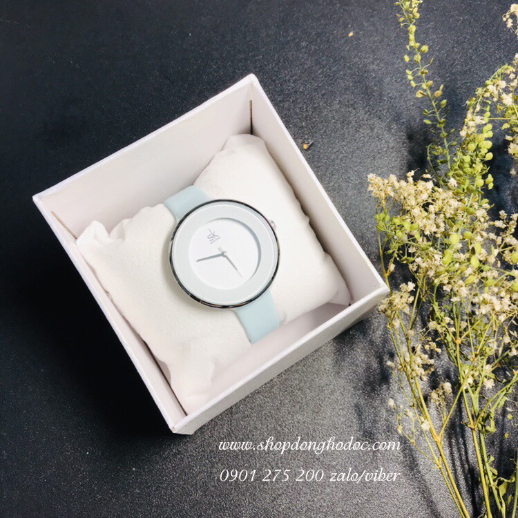 Đồng hồ nữ dây da mặt tròn xanh Pastel nhàng Shengke SK ĐHĐ11701
