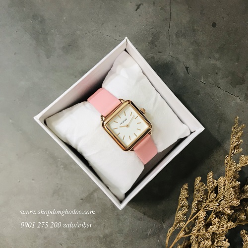 Đồng hồ nữ dây da mặt vuông hồng Pastel nhẹ nhàng Ananke ĐHĐ22702