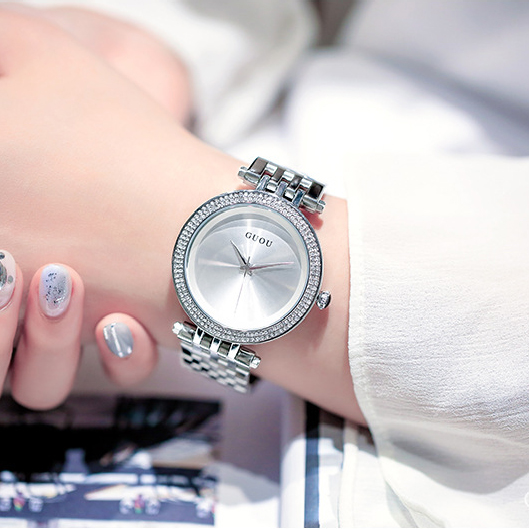 Đồng hồ nữ dây kim loại đính đá mặt tròn size to màu bạc sang chảnh Guou ĐHĐ4304