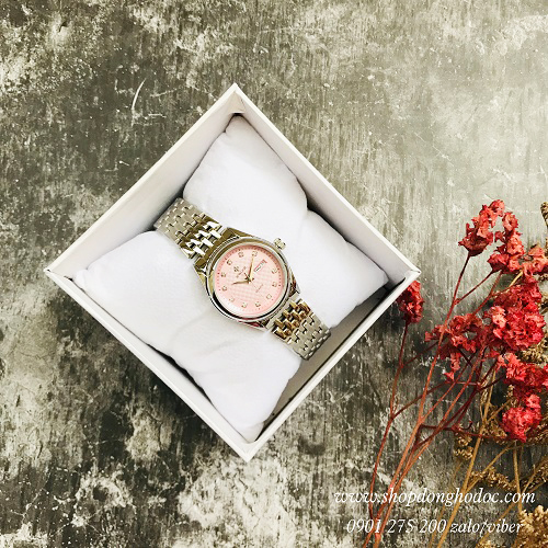 Đồng hồ nữ dây kim loại bạc mặt tròn hồng nhẹ nhàng Woor ĐHĐ19501