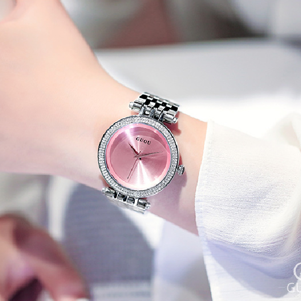 Đồng hồ nữ dây kim loại đính đá mặt tròn size to màu hồng nhẹ nhàng Guou ĐHĐ4303