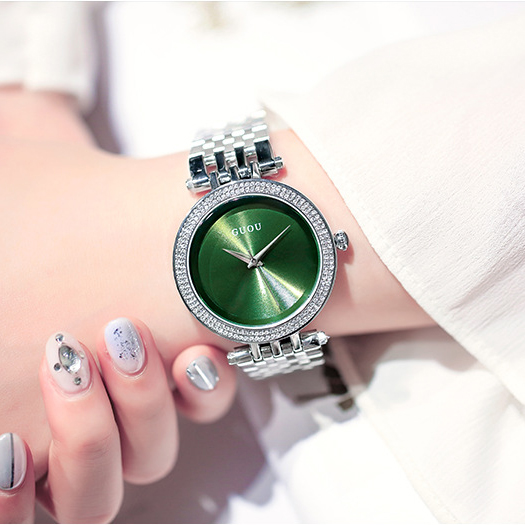 Đồng hồ nữ dây kim loại đính đá mặt tròn size to màu xanh lục cá tính Guou ĐHĐ4305