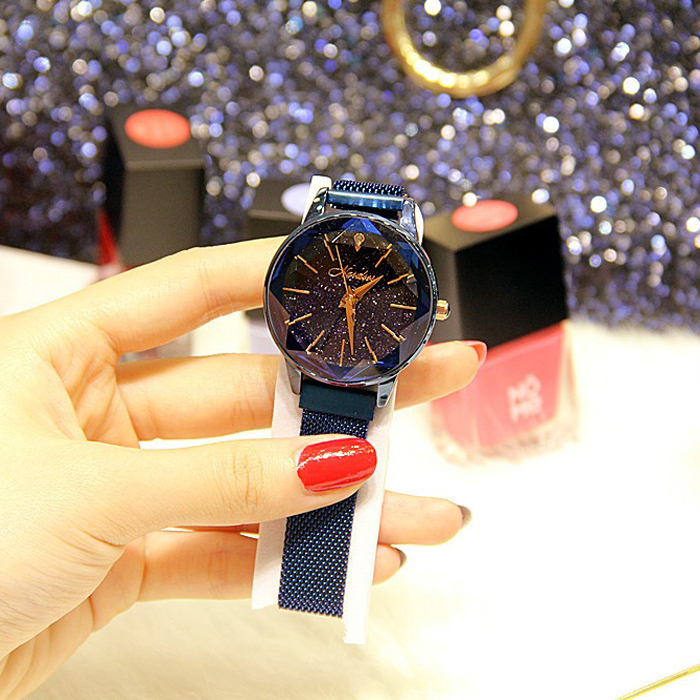 Đồng hồ nữ dây kim loại lưới khóa nam châm mặt tròn xanh thời trang ĐHĐ14701