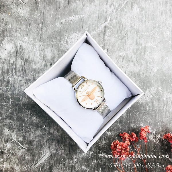 Đồng hồ nữ dây kim loại lưới bạc mặt tròn con ong 3D độc lạ Mobangtou ĐHĐ18804