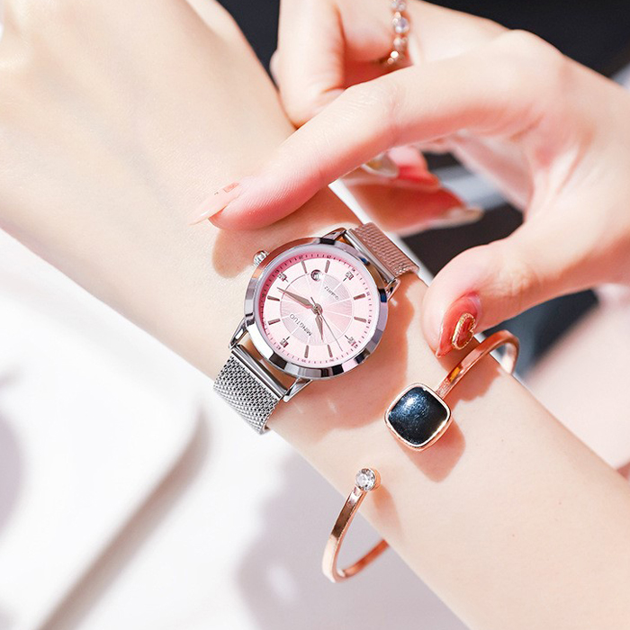 Đồng hồ nữ dây kim loại lưới bạc mặt tròn hồng nhẹ nhàng Mingtou ĐHĐ19903