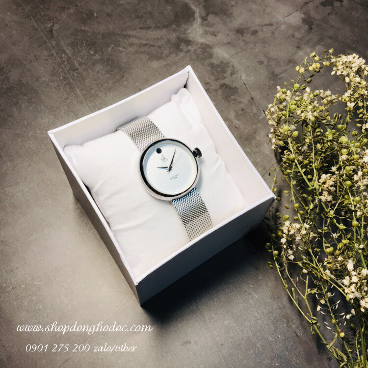 Đồng hồ nữ dây kim loại lưới bạc mặt tròn trắng độc đáo Shengke Sk ĐHĐ10501