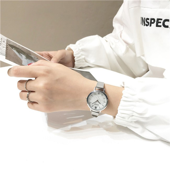 Đồng hồ nữ dây kim loại lưới bạc mặt tròn trắng sang chảnh ĐHĐ15801