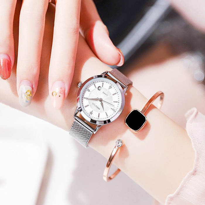 Đồng hồ nữ dây kim loại lưới bạc mặt tròn trắng sang chảnh Mingtou ĐHĐ19901