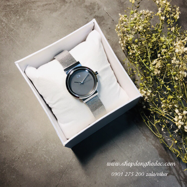Đồng hồ nữ dây kim loại lưới bạc mặt tròn xám sang chảnh Shengke SK ĐHĐ11001