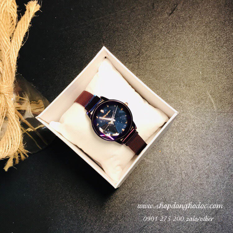 Đồng hồ nữ dây kim loại lưới khóa nam châm mặt tròn gợn sóng màu tím thời thượng Mobang ĐHĐ6302