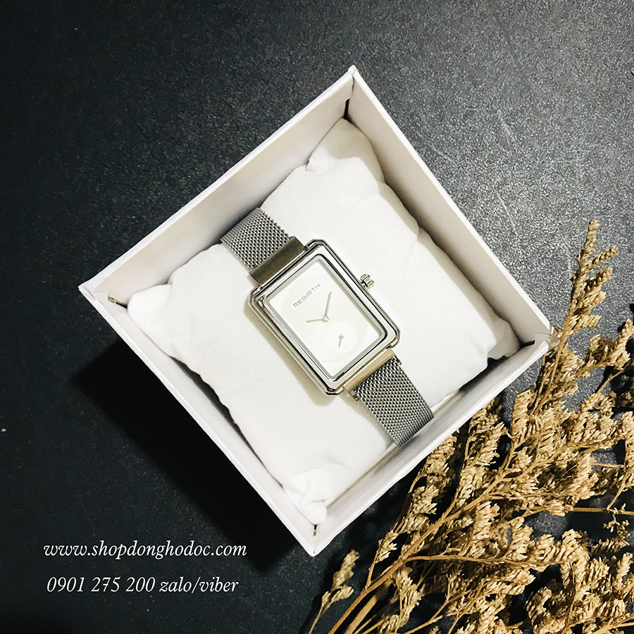 Đồng hồ nữ dây kim loại lưới mặt chữ nhật khóa nam châm bạc sang trọng Rebirth ĐHĐ21103