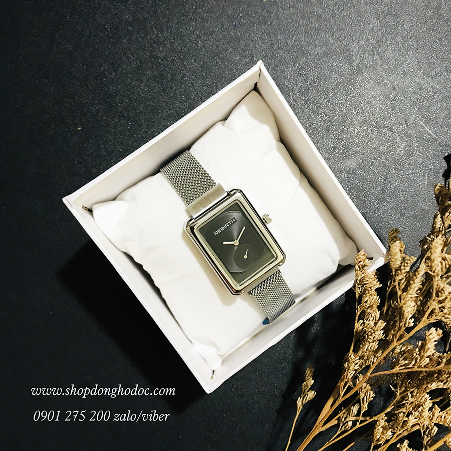 Đồng hồ nữ dây kim loại lưới mặt chữ nhật khóa nam châm bạc thanh lịch Rebirth ĐHĐ21101