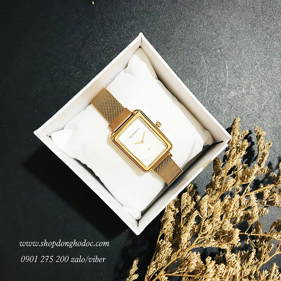 Đồng hồ nữ dây kim loại lưới mặt chữ nhật khóa nam châm vàng sang chảnh Rebirth ĐHĐ21102