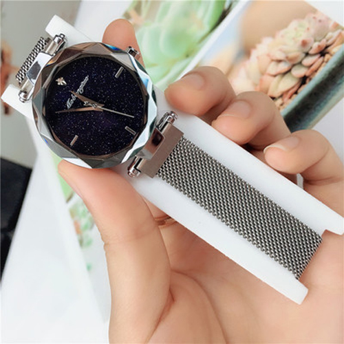 Đồng hồ nữ dây kim loại lưới mặt tròn khóa nam châm bạc sang trọng ĐHĐ5901
