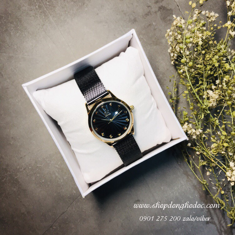 Đồng hồ nữ dây kim loại lưới mặt tròn đen quý phái Shengke Sk ĐHĐ11602