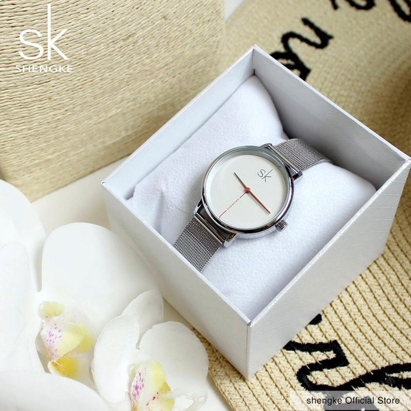 Đồng hồ nữ dây kim loại lưới mặt tròn trắng sang chảnh Shengke ĐHĐ9901