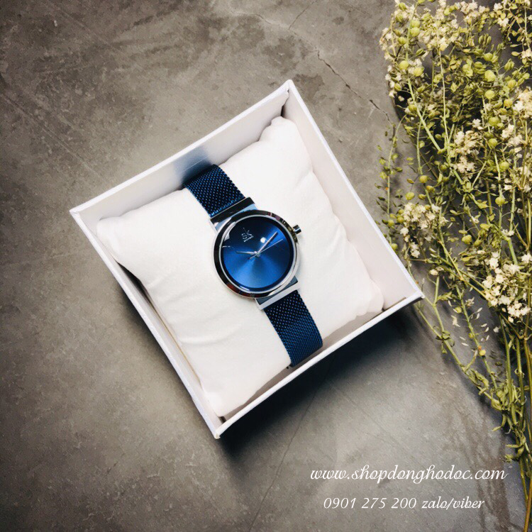 Đồng hồ nữ dây kim loại lưới mặt tròn xanh biển sành điệu Shengke SK ĐHĐ11002