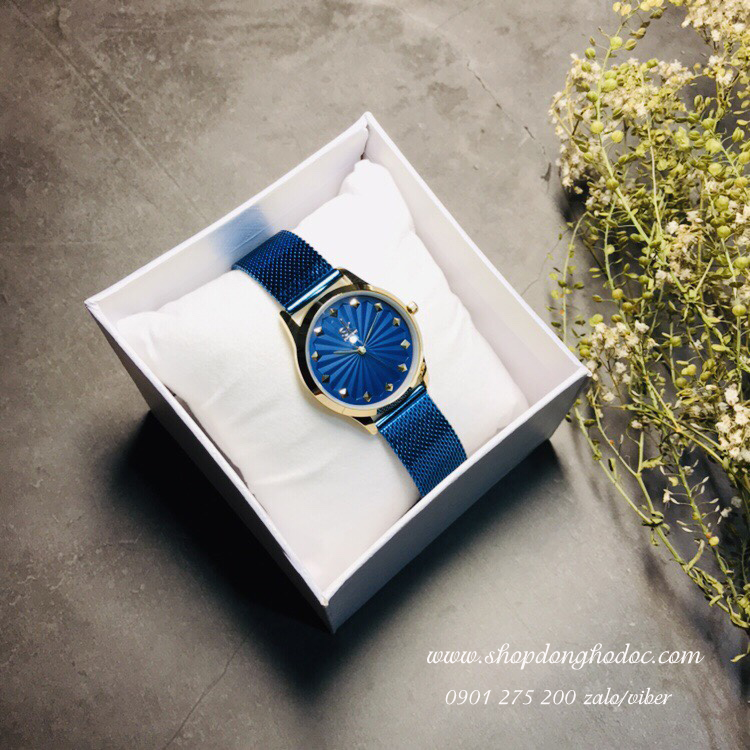 Đồng hồ nữ dây kim loại lưới mặt tròn xanh biển thời thượng Shengke Sk ĐHĐ11601