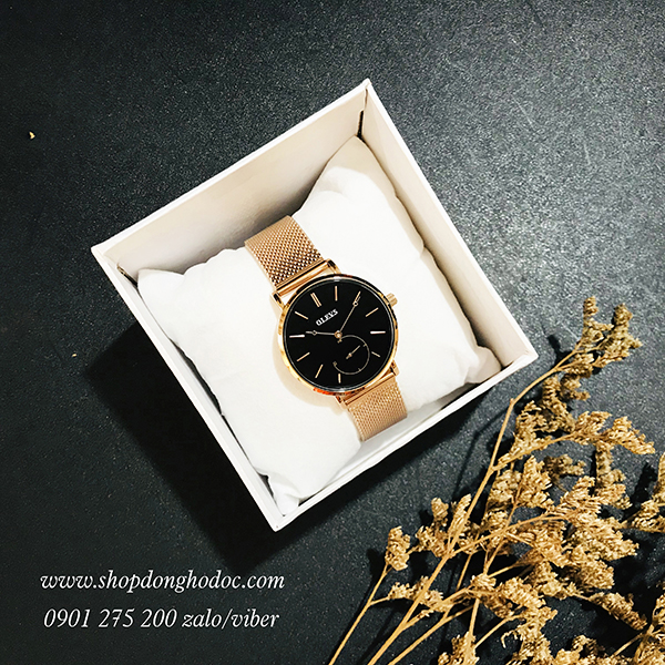 Đồng hồ nữ dây kim loại lưới vàng mặt tròn đen quý phái Olevs ĐHĐ20702