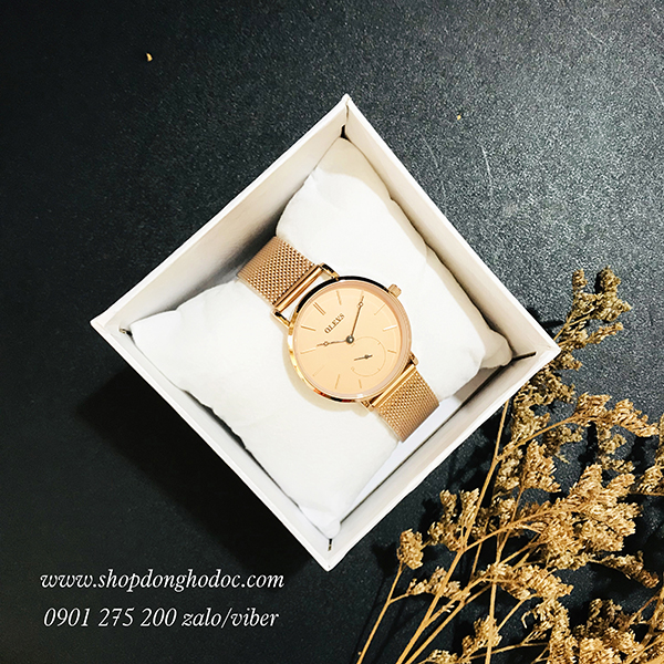 Đồng hồ nữ dây kim loại lưới vàng mặt tròn hồng nhẹ nhàng Olevs ĐHĐ20701