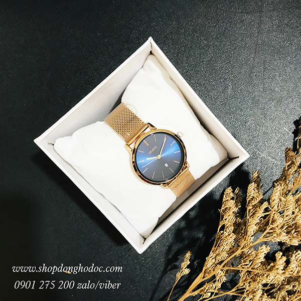 Đồng hồ nữ dây kim loại lưới vàng mặt tròn mỏng xanh dương sang trọng ĐHĐ20501