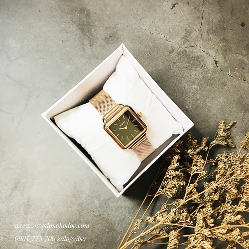 Đồng hồ nữ dây kim loại lưới vàng mặt vuông đen quý phái Ananke ĐHĐ22503