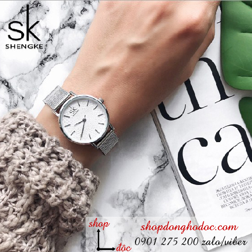 Đồng hồ nữ dây kim loại bạc mặt tròn cao cấp sang chảnh SK ĐHĐ4001