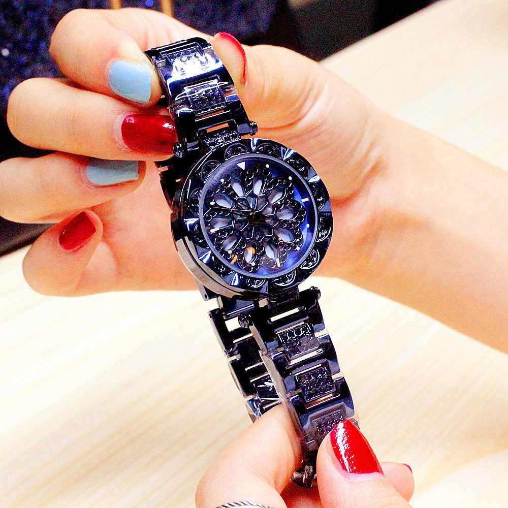Đồng hồ nữ dây kim loại mặt tròn hoa xoay hai tầng xanh dương thời trang ĐHĐ13403