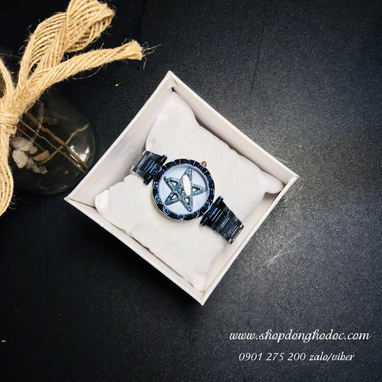 Đồng hồ nữ dây kim loại mặt tròn ngôi sao xoay 360 độ xanh dương thời trang ĐHĐ13703