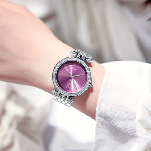 Đồng hồ nữ dây kim loại đính đá mặt tròn size to màu tím sành điệu Guou ĐHĐ4303