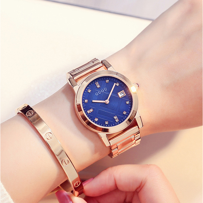 Đồng hồ nữ dây kim loại mặt tròn xanh sành điệu ĐHĐ5404